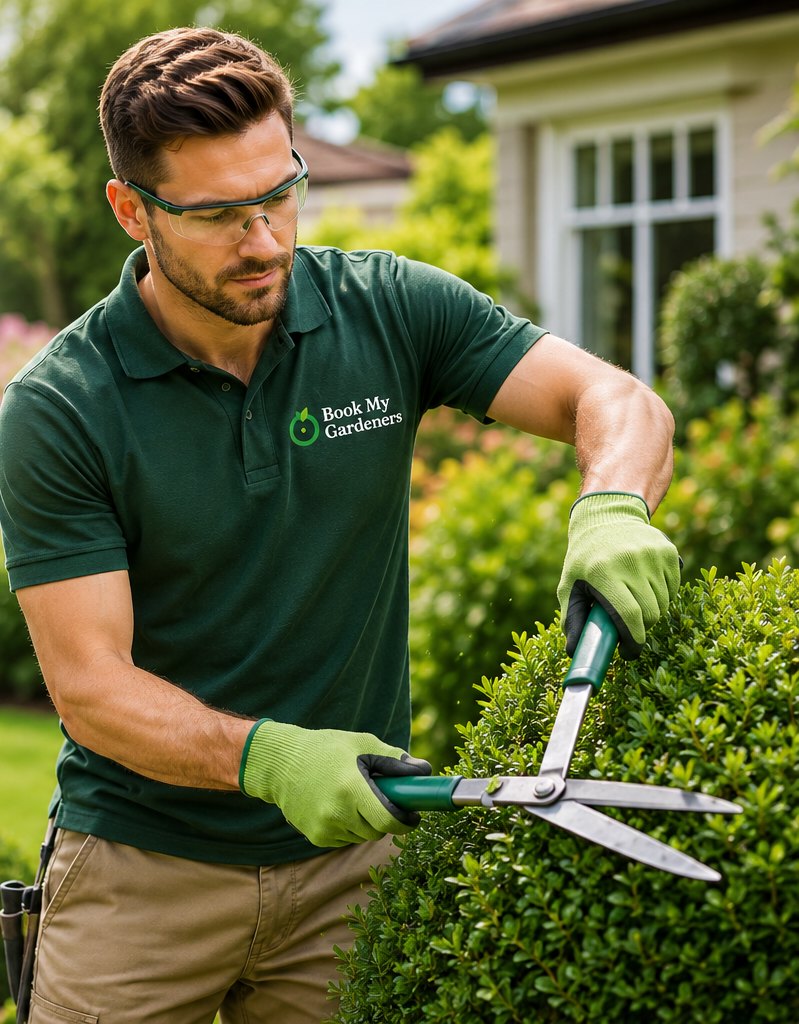 A Book My Gardeners gardener mowing a healthy green lawn
